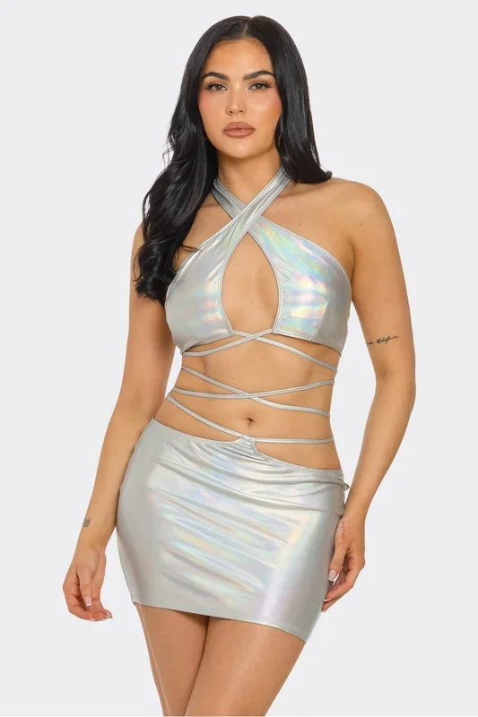 Bear Dance-Metallic Halter Top And Skirt Set*