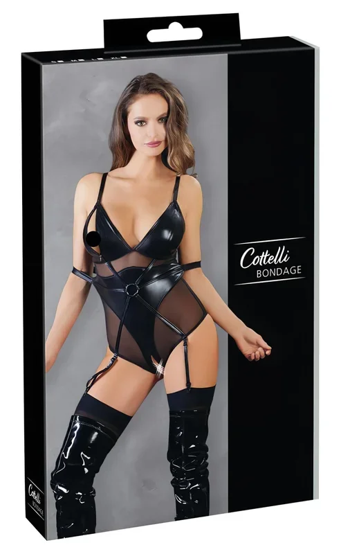 Cottelli Bondage – glänzender Body mit Handschellen (schwarz)