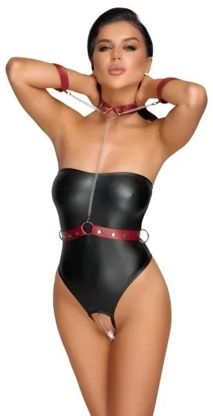Cottelli Bondage – Glänzender Body und Handfesseln (schwarz) – L