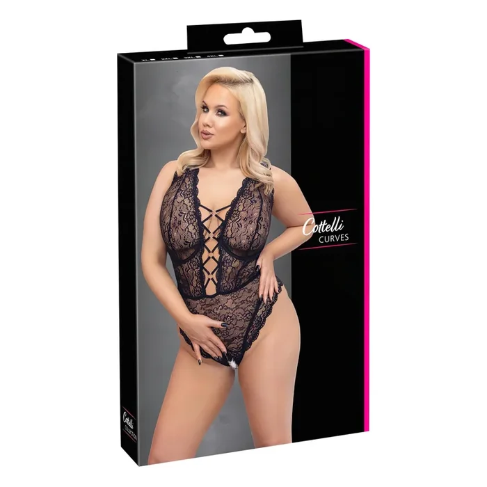 Cottelli Curves Plus Size – transparenter gemusterter Body (schwarz) – 95F/2XL
