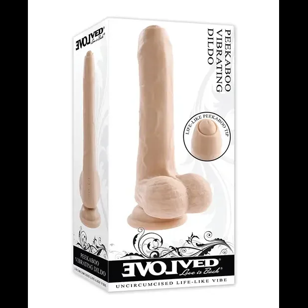 Evolved ‚Peek A Boo‘ Rechargeable Vibrating 8 in. Silicone Uncircumcised Dildo with Power Boos