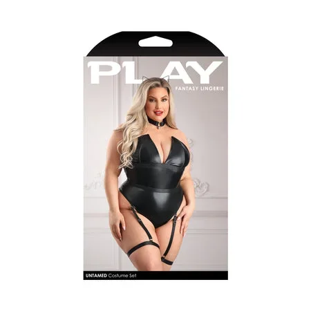 Fantasy Lingerie Play Untamed Structured Wetlook Teddy with Snap Closure: Removable Leg Garters & Headband Costume 3XL/4XL