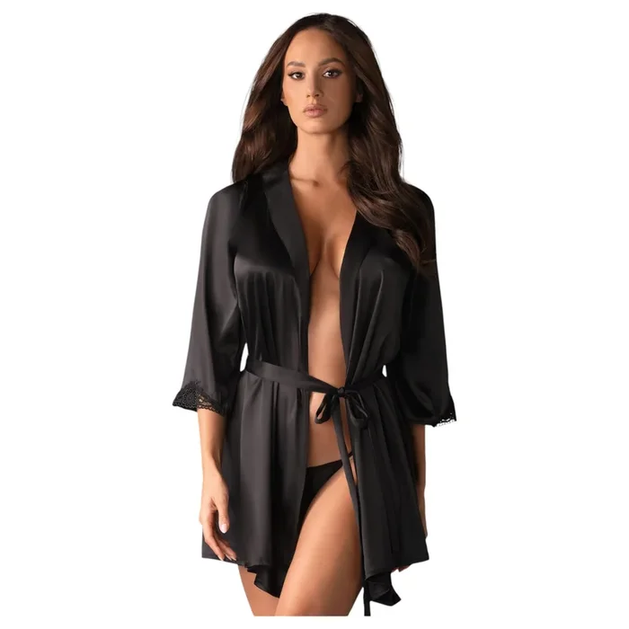 Obsessive Satinia Robe – Satin Morgenmantel Set (Schwarz) – L/XL